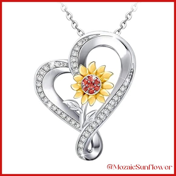 NEW Silver Stylized Heart with Sunflower Gold Petals and Amber Crystals Necklace - Picture 8 of 8